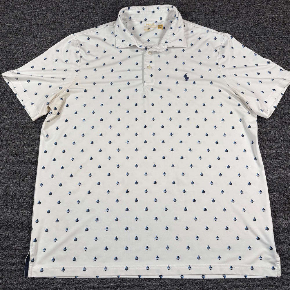 Polo Ralph Lauren Polo Shirt Mens L White Blue Sailboat Performance AOP - Picture 2 of 7